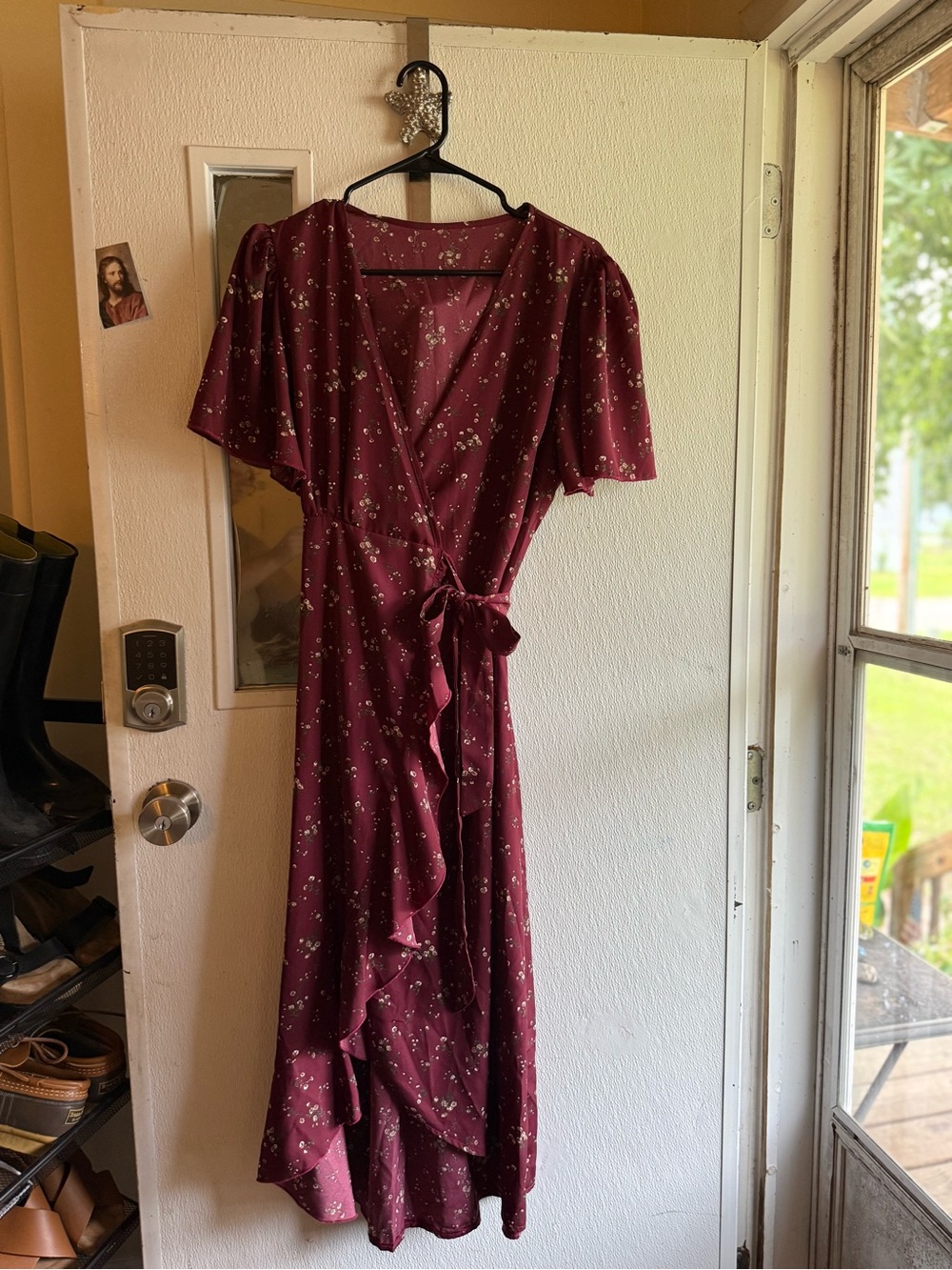 Floral Wrap Midi Dress in Burgundy with Tie Waist